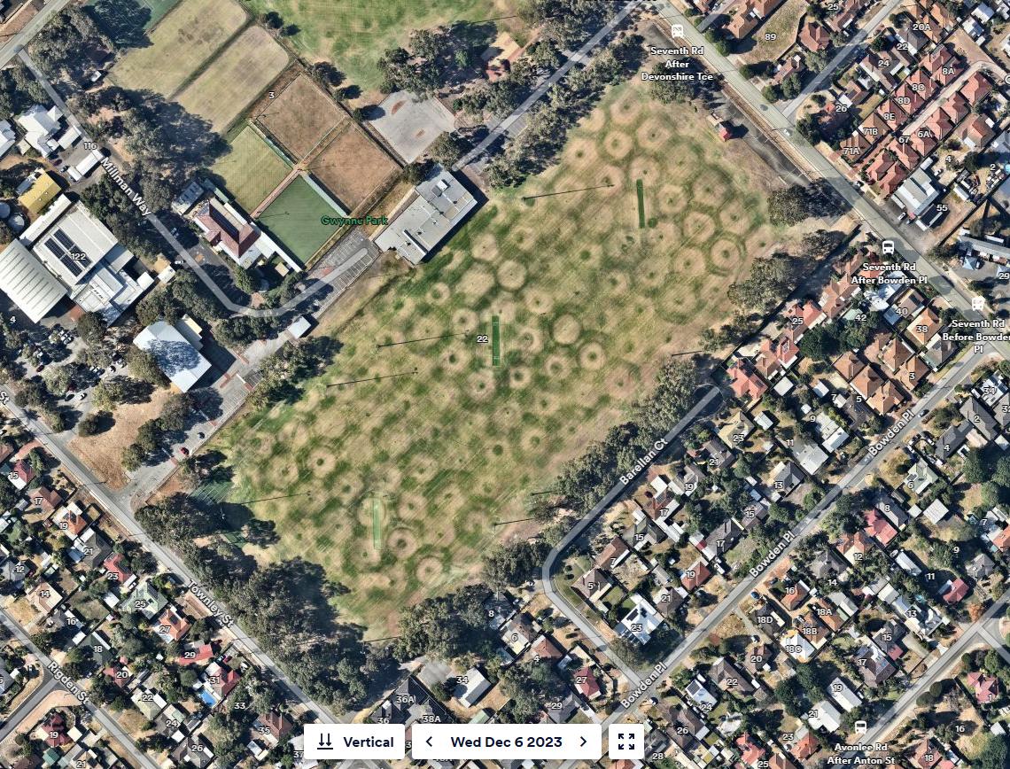 Aerial imagery, Gwynne Park, 6 December 2023 — before installation, ring patterns across the oval