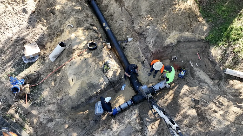 Aerial view of the mainline trench during the irrigation upgrade